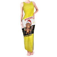Brunei Christmas Tank Maxi Dress with Cartoon Monkey Santa Hat Candy Cane and Yellow Black Flag Pattern - Wonder Print Shop