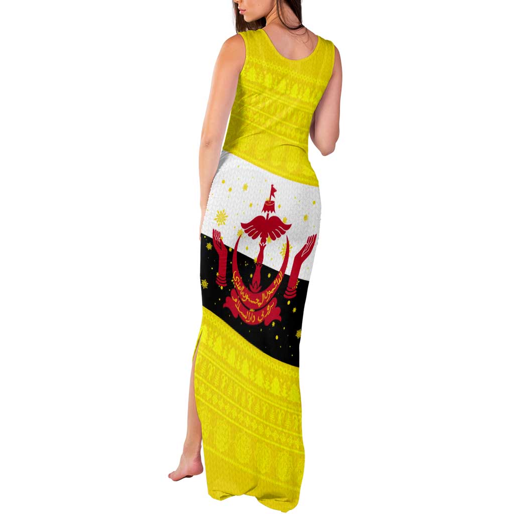 Brunei Christmas Tank Maxi Dress with Cartoon Monkey Santa Hat Candy Cane and Yellow Black Flag Pattern - Wonder Print Shop