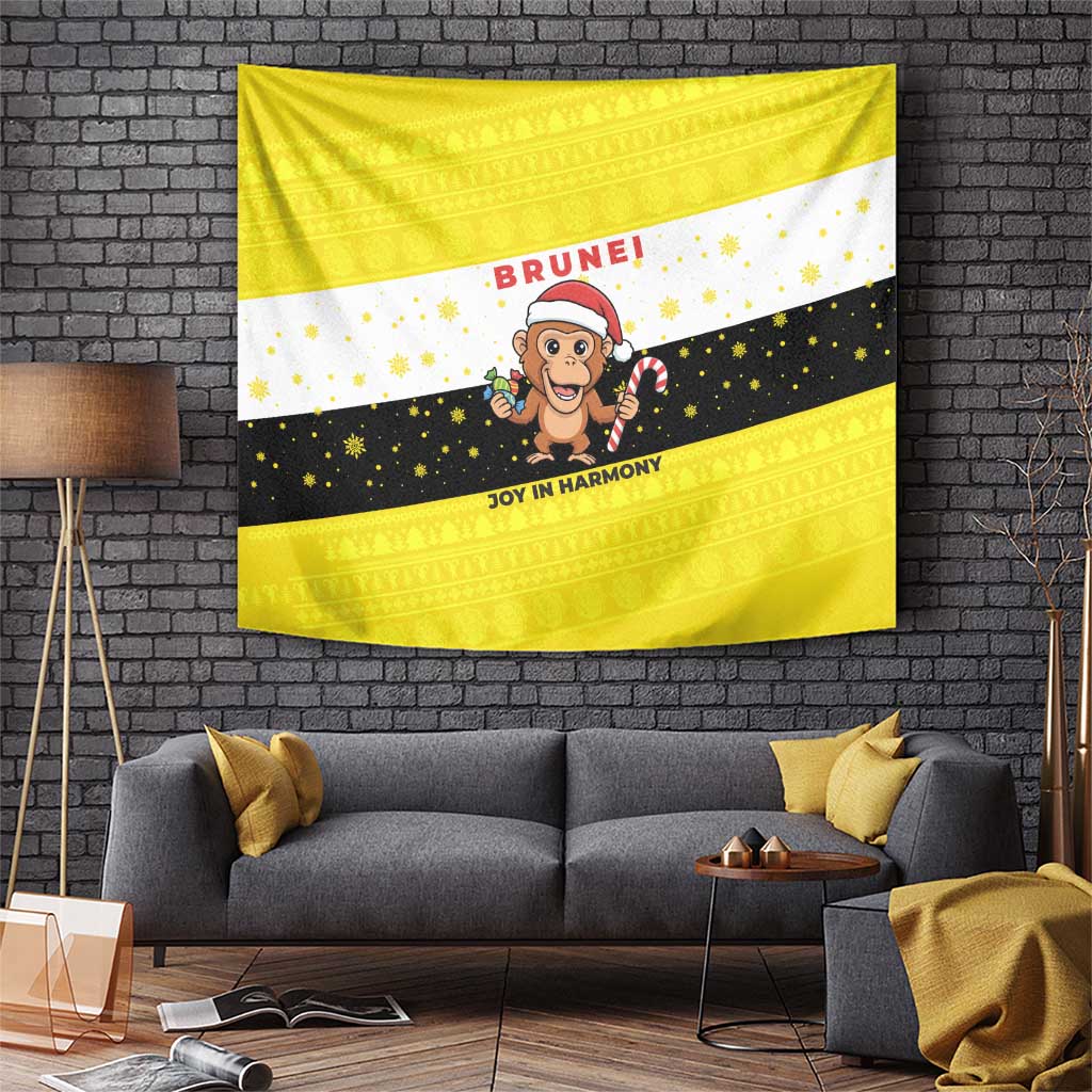 Brunei Christmas Tapestry with Cartoon Monkey Santa Hat Candy Cane and Yellow Black Flag Pattern - Wonder Print Shop