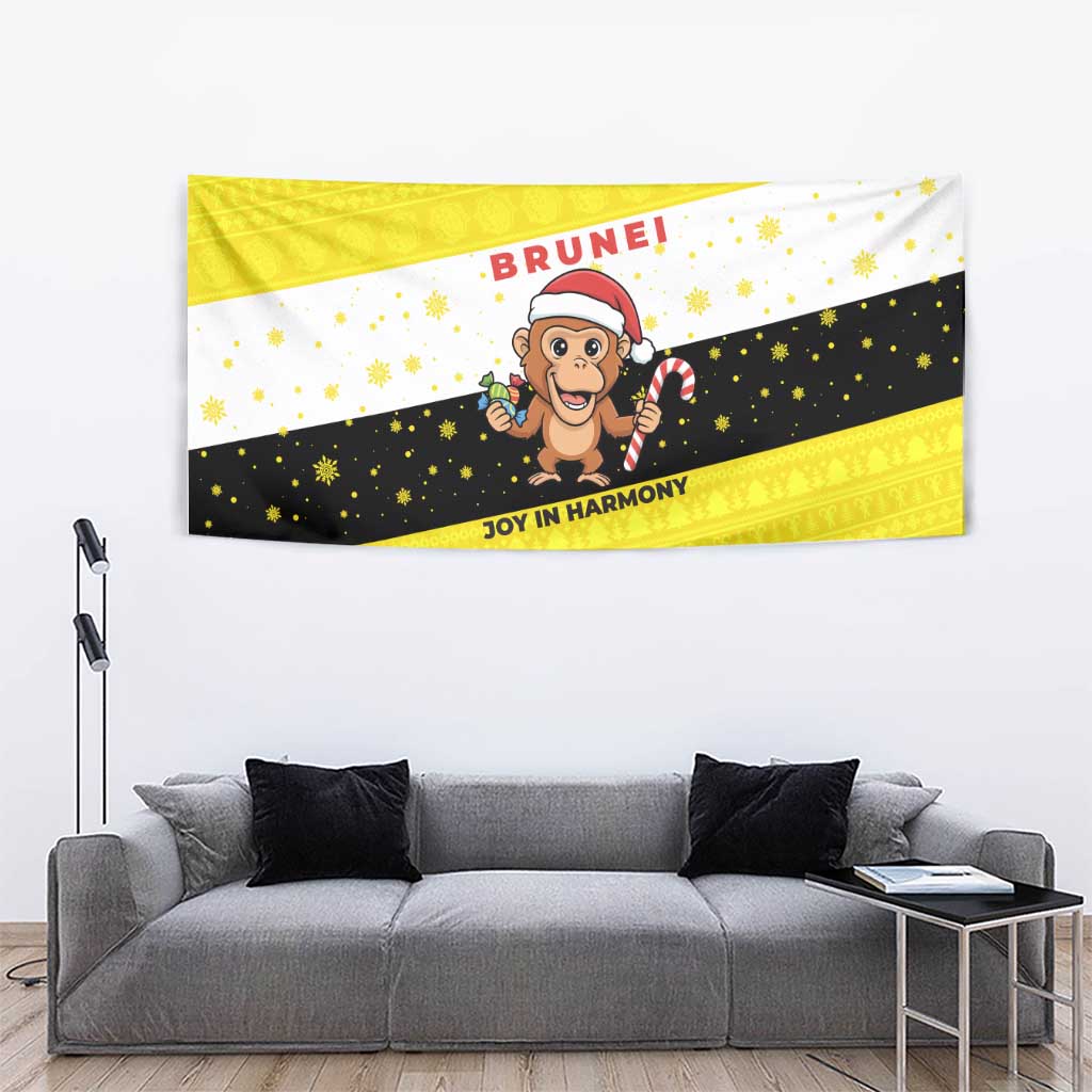 Brunei Christmas Tapestry with Cartoon Monkey Santa Hat Candy Cane and Yellow Black Flag Pattern - Wonder Print Shop