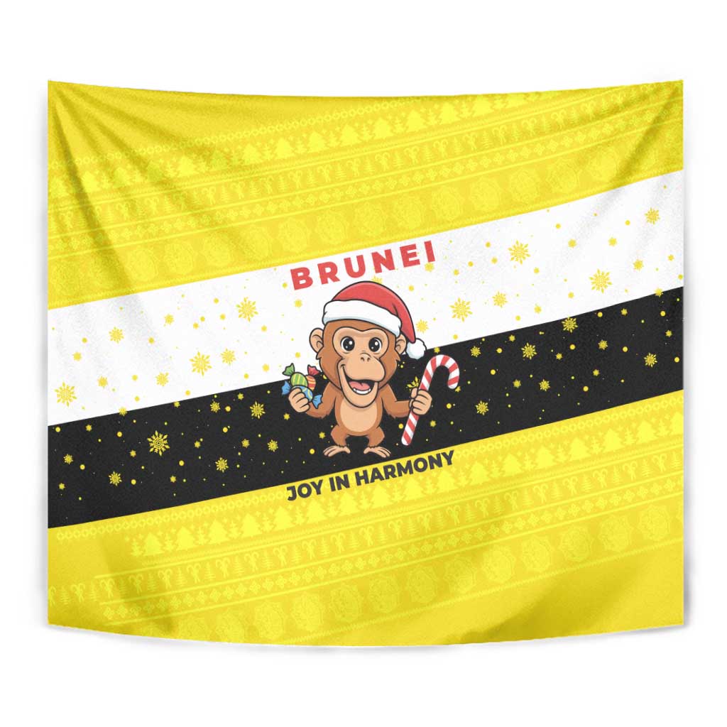 Brunei Christmas Tapestry with Cartoon Monkey Santa Hat Candy Cane and Yellow Black Flag Pattern - Wonder Print Shop