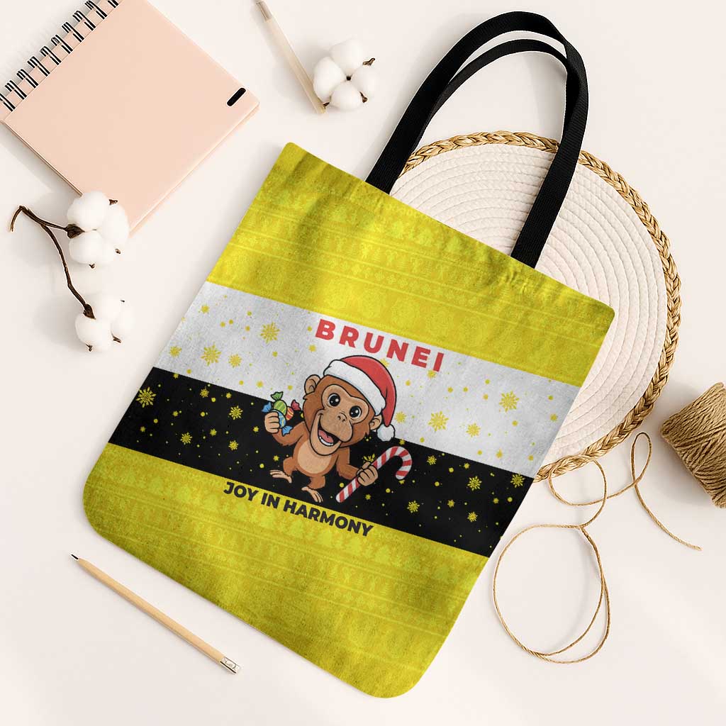 Brunei Christmas Tote Bag with Cartoon Monkey Santa Hat Candy Cane and Yellow Black Flag Pattern - Wonder Print Shop