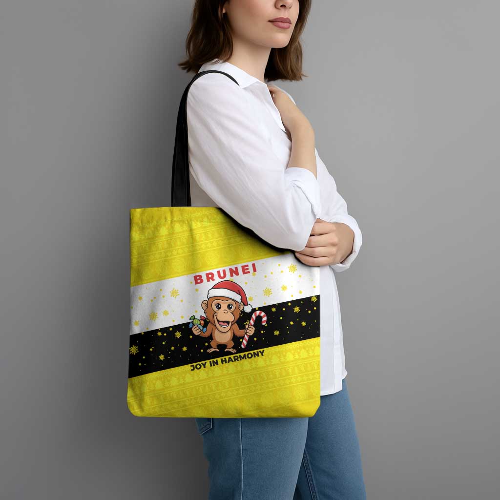 Brunei Christmas Tote Bag with Cartoon Monkey Santa Hat Candy Cane and Yellow Black Flag Pattern - Wonder Print Shop