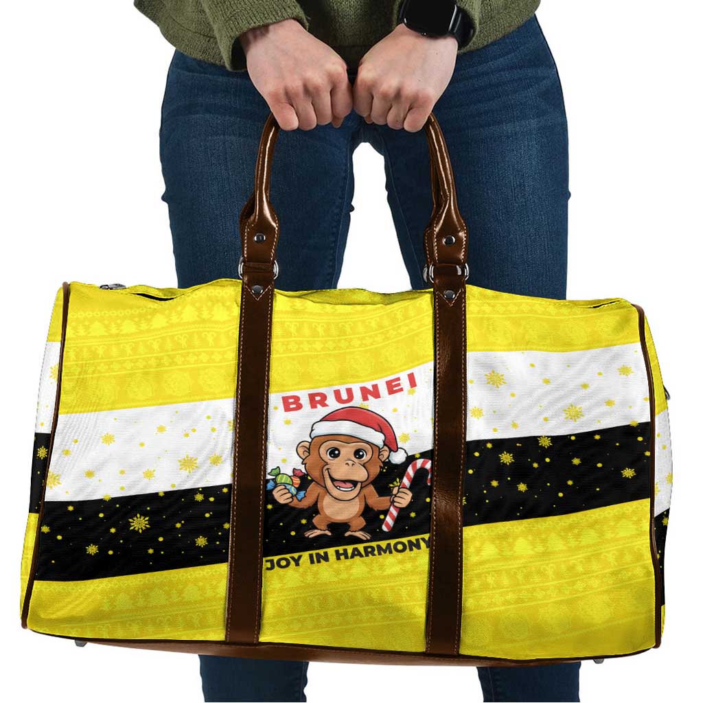Brunei Christmas Travel Bag with Cartoon Monkey Santa Hat Candy Cane and Yellow Black Flag Pattern - Wonder Print Shop