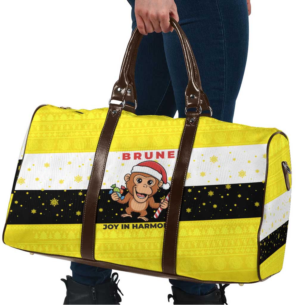 Brunei Christmas Travel Bag with Cartoon Monkey Santa Hat Candy Cane and Yellow Black Flag Pattern - Wonder Print Shop