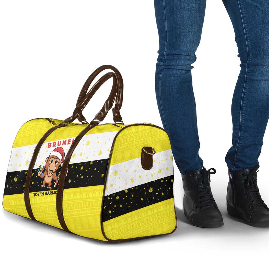 Brunei Christmas Travel Bag with Cartoon Monkey Santa Hat Candy Cane and Yellow Black Flag Pattern - Wonder Print Shop