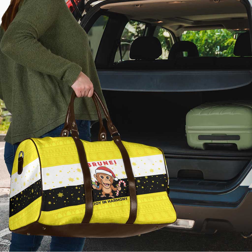 Brunei Christmas Travel Bag with Cartoon Monkey Santa Hat Candy Cane and Yellow Black Flag Pattern - Wonder Print Shop
