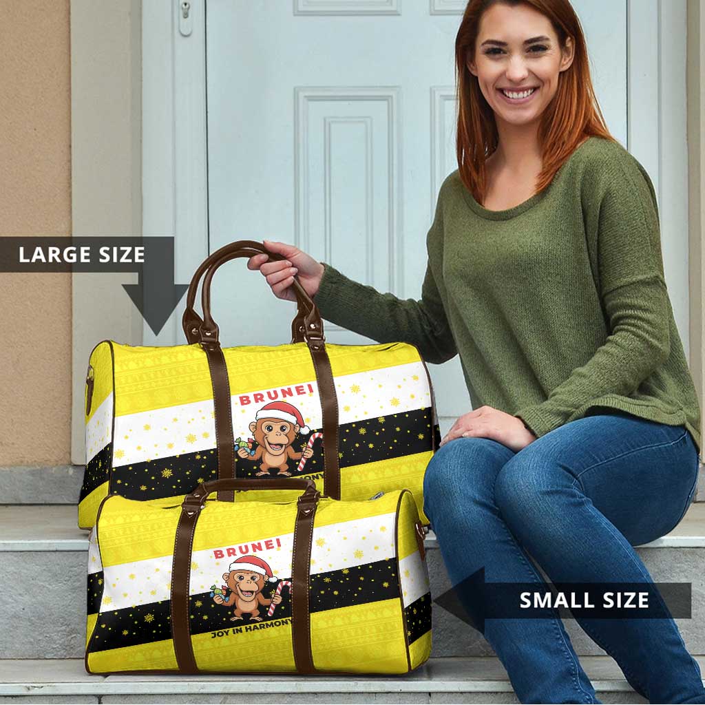 Brunei Christmas Travel Bag with Cartoon Monkey Santa Hat Candy Cane and Yellow Black Flag Pattern - Wonder Print Shop