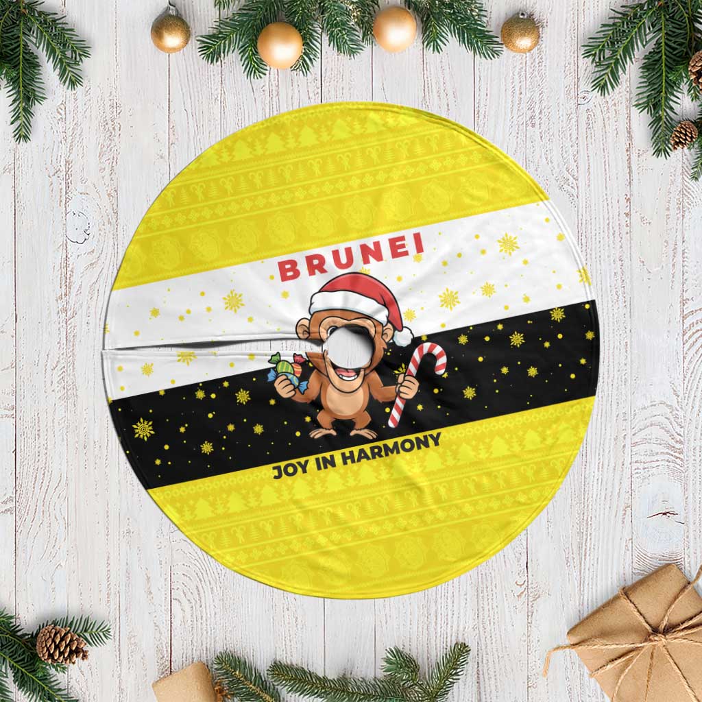 Brunei Christmas Tree Skirt with Cartoon Monkey Santa Hat Candy Cane and Yellow Black Flag Pattern - Wonder Print Shop