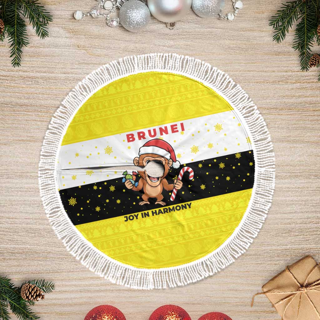 Brunei Christmas Tree Skirt with Cartoon Monkey Santa Hat Candy Cane and Yellow Black Flag Pattern - Wonder Print Shop