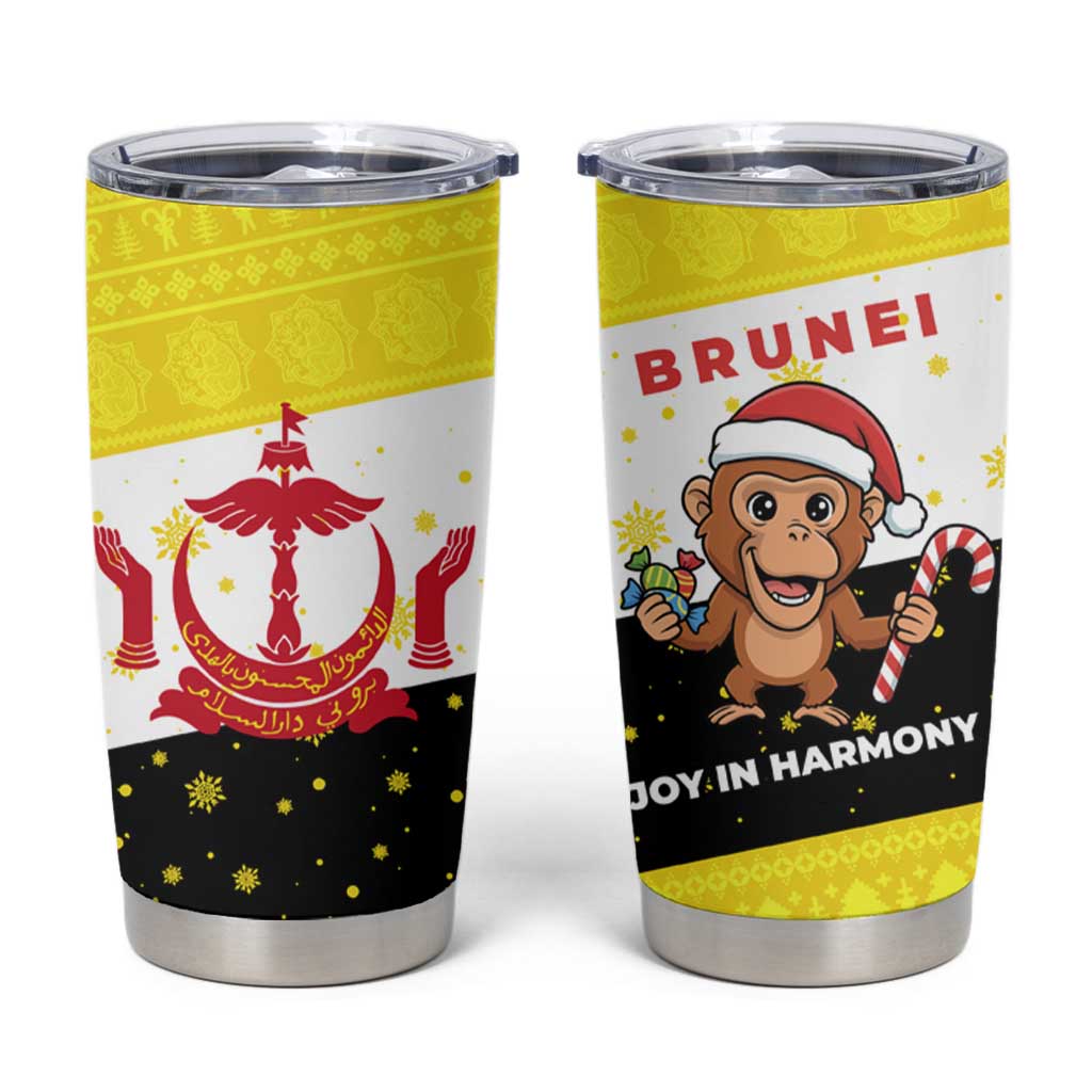 Brunei Christmas Tumbler Cup with Cartoon Monkey Santa Hat Candy Cane and Yellow Black Flag Pattern - Wonder Print Shop