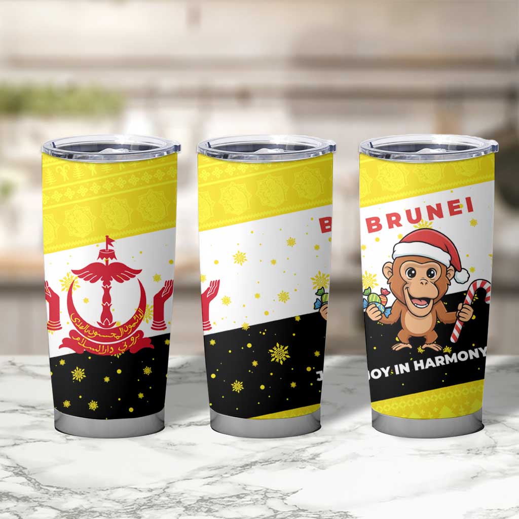 Brunei Christmas Tumbler Cup with Cartoon Monkey Santa Hat Candy Cane and Yellow Black Flag Pattern - Wonder Print Shop