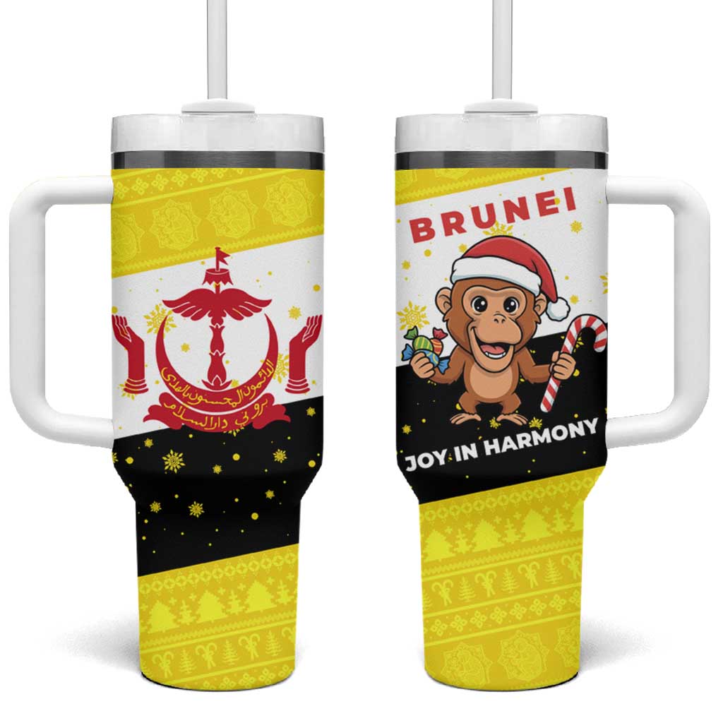 Brunei Christmas Tumbler With Handle with Cartoon Monkey Santa Hat Candy Cane and Yellow Black Flag Pattern - Wonder Print Shop