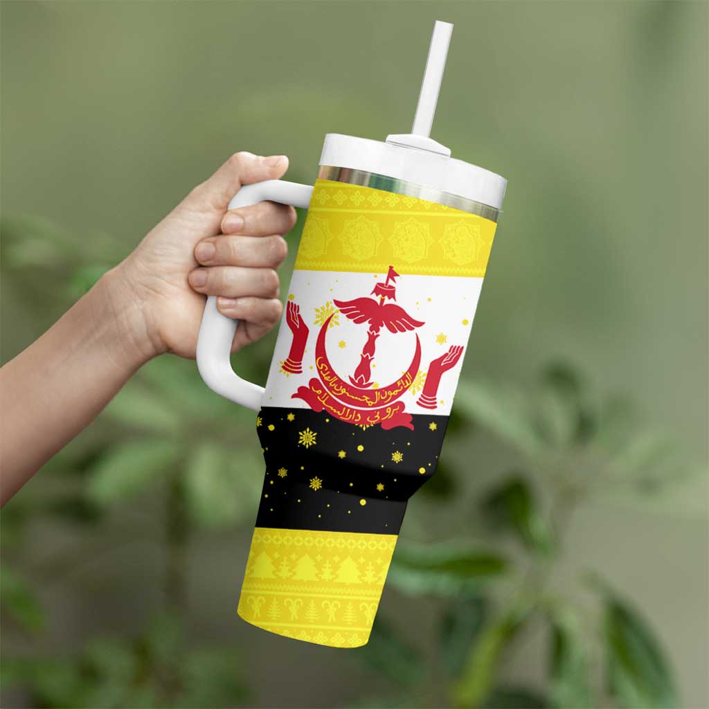 Brunei Christmas Tumbler With Handle with Cartoon Monkey Santa Hat Candy Cane and Yellow Black Flag Pattern - Wonder Print Shop