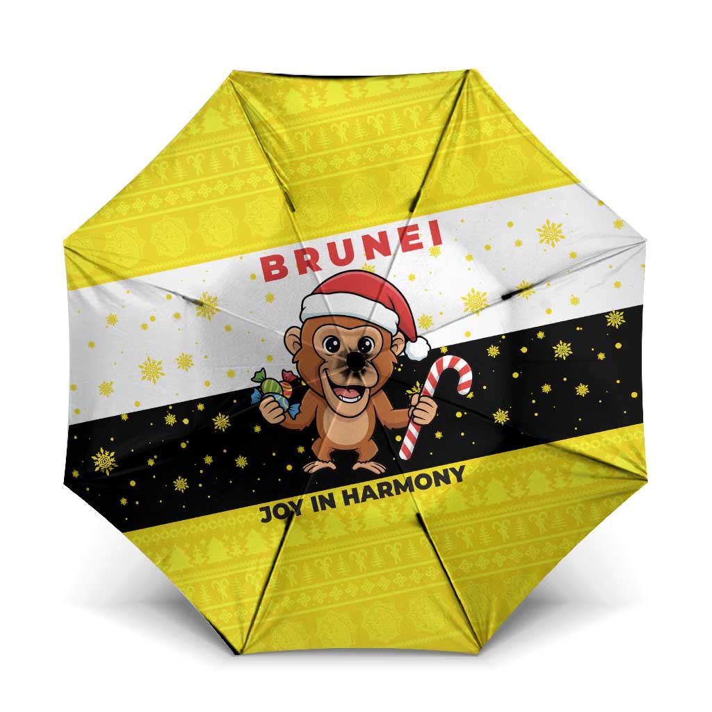 Brunei Christmas Umbrella with Cartoon Monkey Santa Hat Candy Cane and Yellow Black Flag Pattern - Wonder Print Shop