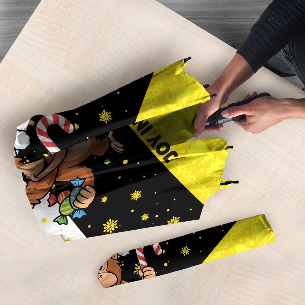 Brunei Christmas Umbrella with Cartoon Monkey Santa Hat Candy Cane and Yellow Black Flag Pattern - Wonder Print Shop