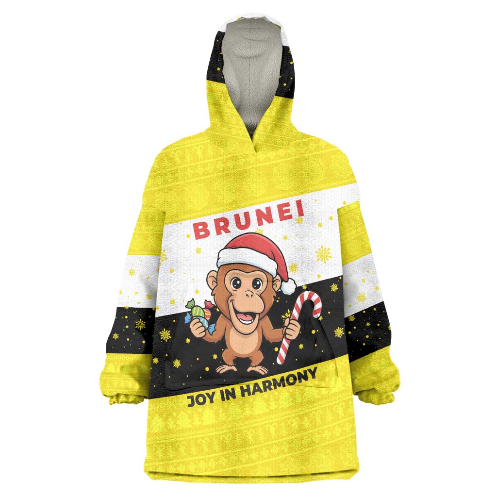 Brunei Christmas Wearable Blanket Hoodie with Cartoon Monkey Santa Hat Candy Cane and Yellow Black Flag Pattern - Wonder Print Shop