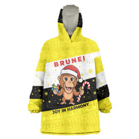Brunei Christmas Wearable Blanket Hoodie with Cartoon Monkey Santa Hat Candy Cane and Yellow Black Flag Pattern - Wonder Print Shop