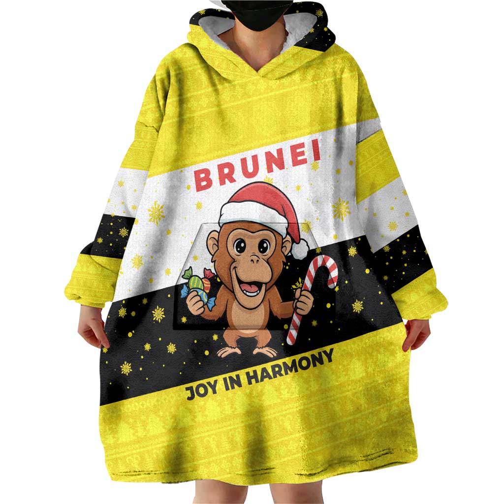 Brunei Christmas Wearable Blanket Hoodie with Cartoon Monkey Santa Hat Candy Cane and Yellow Black Flag Pattern - Wonder Print Shop