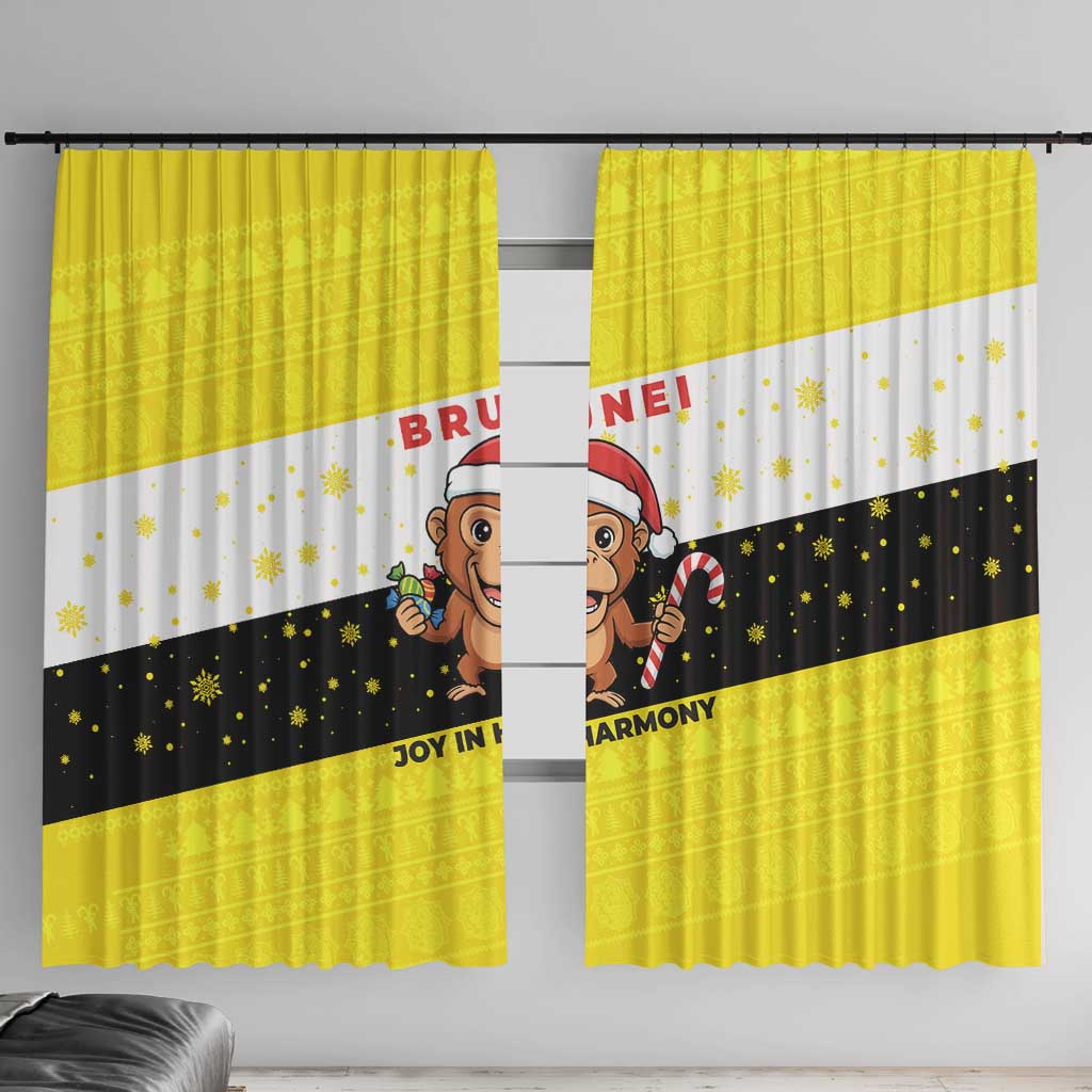Brunei Christmas Window Curtain with Cartoon Monkey Santa Hat Candy Cane and Yellow Black Flag Pattern - Wonder Print Shop