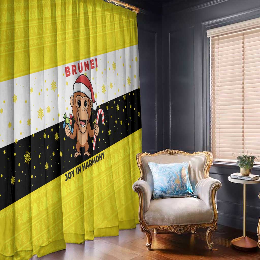 Brunei Christmas Window Curtain with Cartoon Monkey Santa Hat Candy Cane and Yellow Black Flag Pattern - Wonder Print Shop