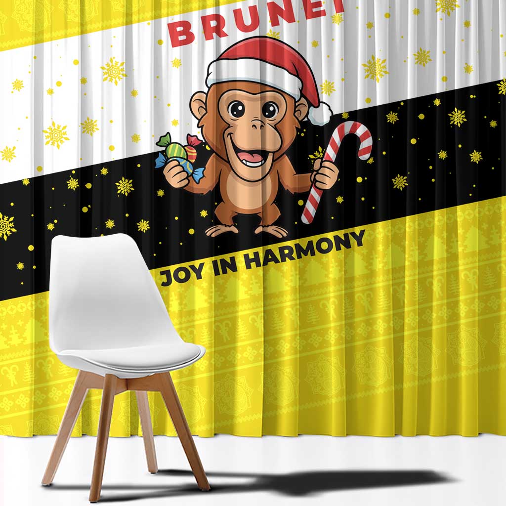 Brunei Christmas Window Curtain with Cartoon Monkey Santa Hat Candy Cane and Yellow Black Flag Pattern - Wonder Print Shop
