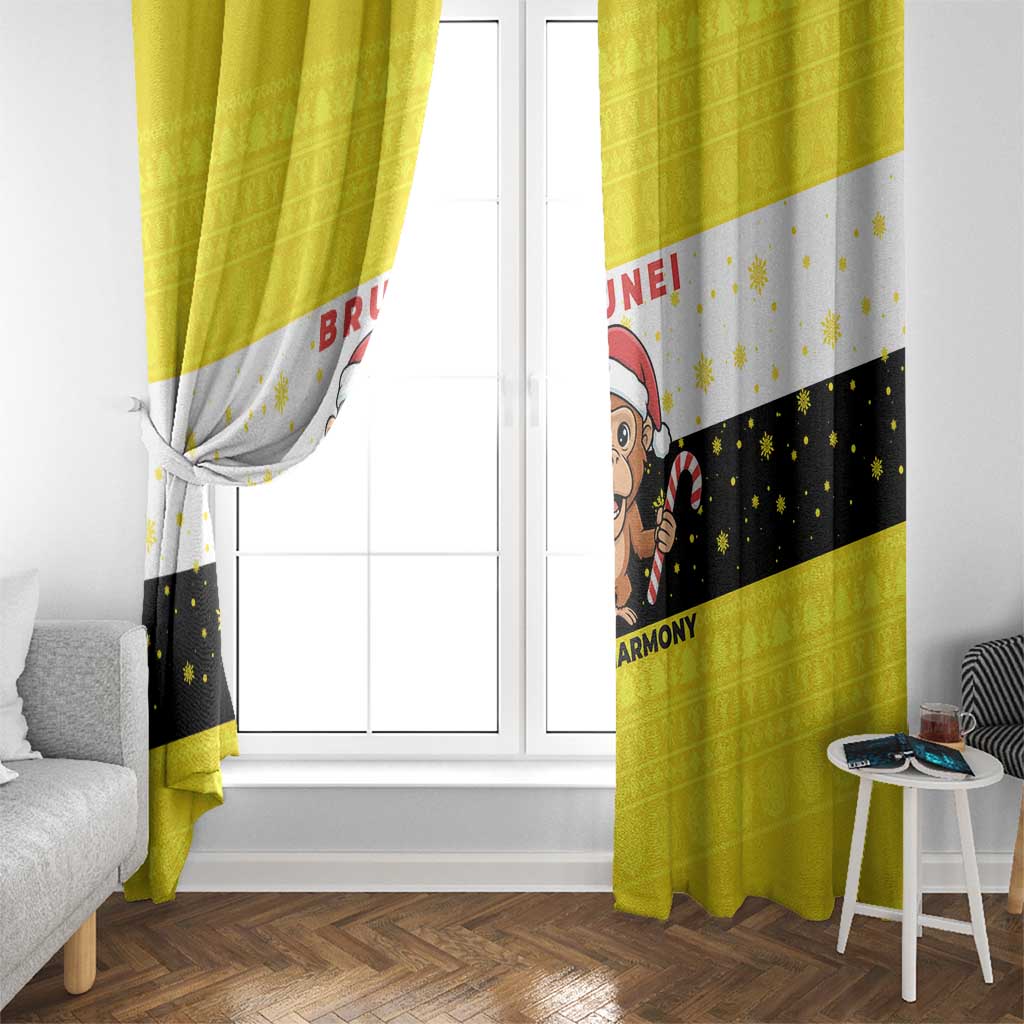 Brunei Christmas Window Curtain with Cartoon Monkey Santa Hat Candy Cane and Yellow Black Flag Pattern - Wonder Print Shop