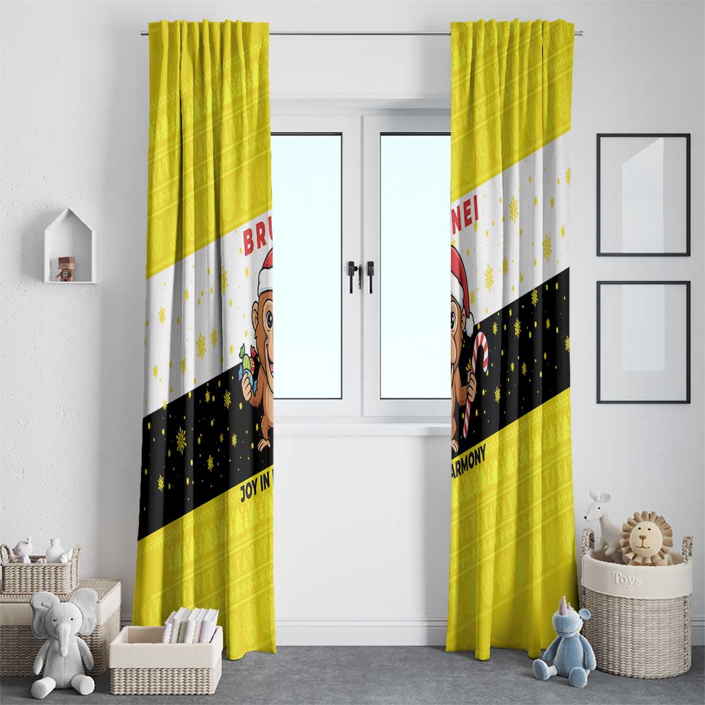 Brunei Christmas Window Curtain with Cartoon Monkey Santa Hat Candy Cane and Yellow Black Flag Pattern - Wonder Print Shop
