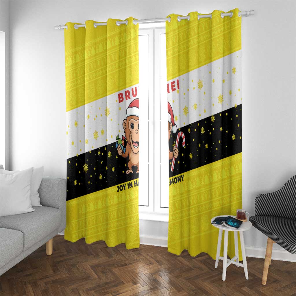 Brunei Christmas Window Curtain with Cartoon Monkey Santa Hat Candy Cane and Yellow Black Flag Pattern - Wonder Print Shop