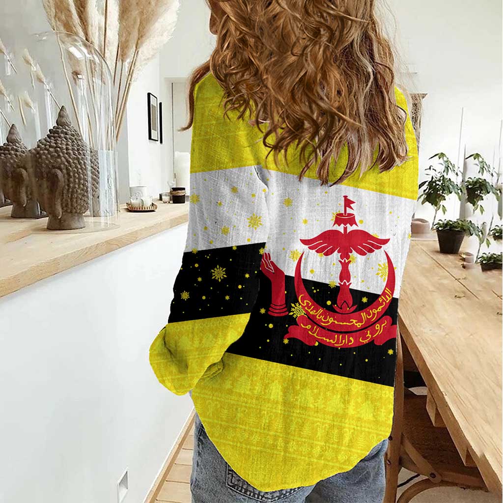 Brunei Christmas Women Casual Shirt with Cartoon Monkey Santa Hat Candy Cane and Yellow Black Flag Pattern - Wonder Print Shop