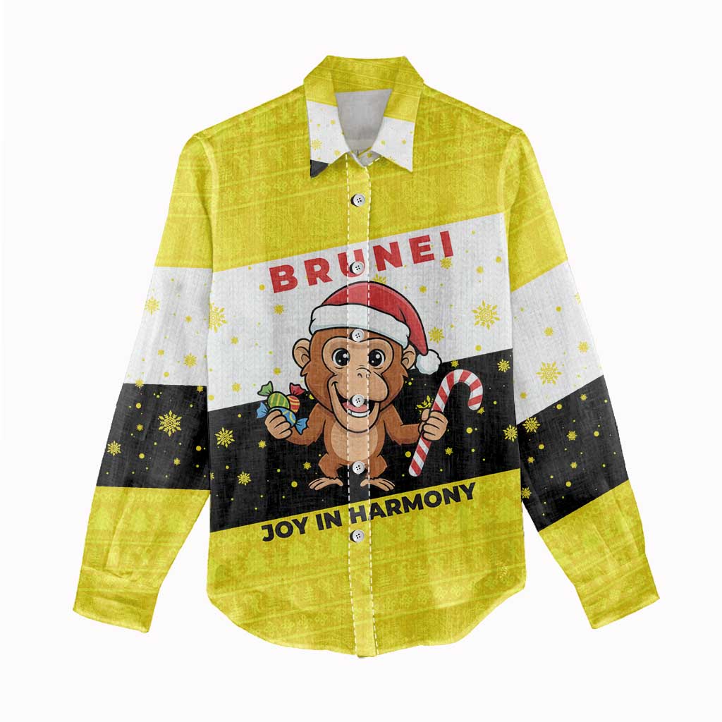 Brunei Christmas Women Casual Shirt with Cartoon Monkey Santa Hat Candy Cane and Yellow Black Flag Pattern - Wonder Print Shop