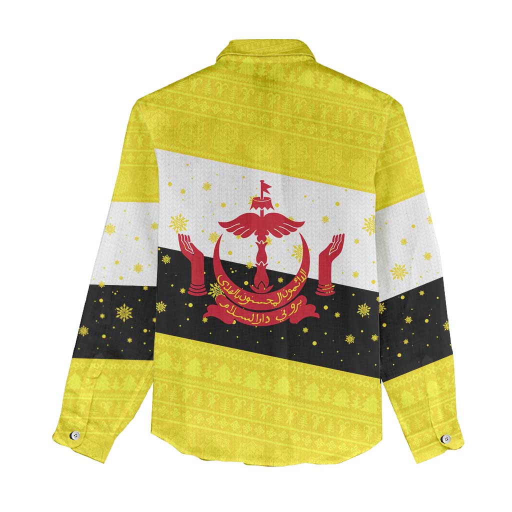 Brunei Christmas Women Casual Shirt with Cartoon Monkey Santa Hat Candy Cane and Yellow Black Flag Pattern - Wonder Print Shop