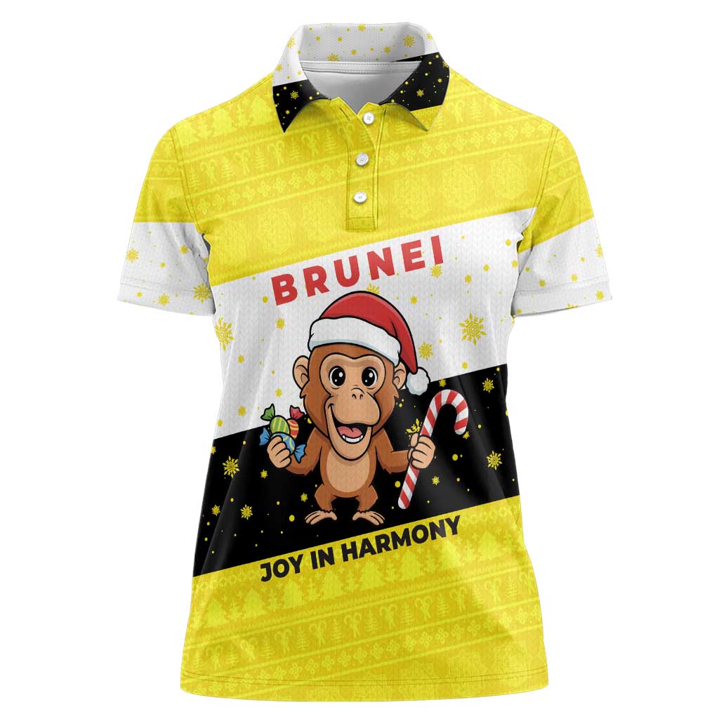 Brunei Christmas Women Polo Shirt with Cartoon Monkey Santa Hat Candy Cane and Yellow Black Flag Pattern - Wonder Print Shop