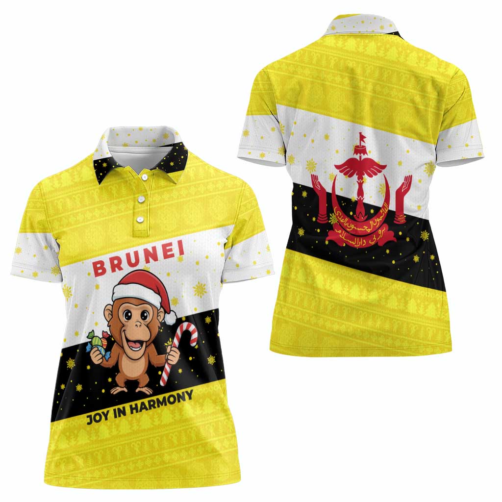 Brunei Christmas Women Polo Shirt with Cartoon Monkey Santa Hat Candy Cane and Yellow Black Flag Pattern - Wonder Print Shop