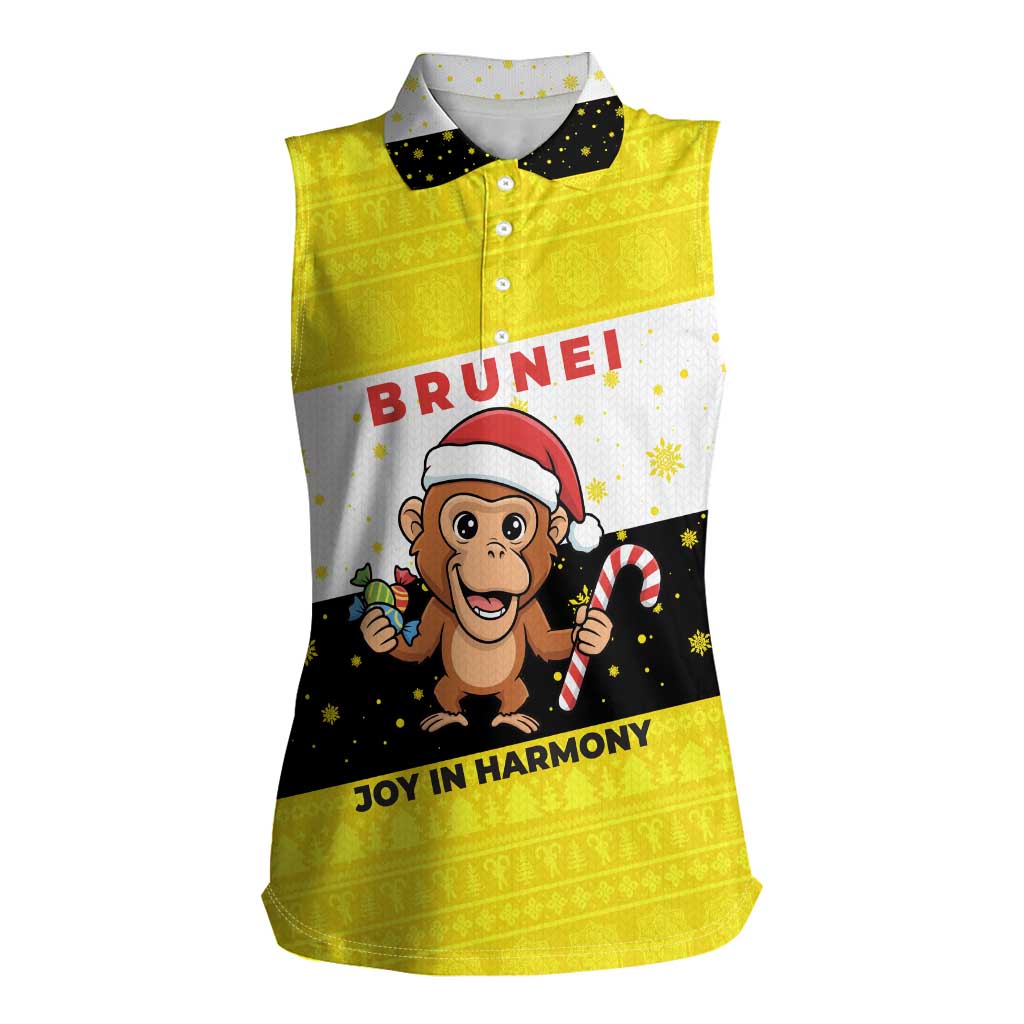 Brunei Christmas Women Sleeveless Polo Shirt with Cartoon Monkey Santa Hat Candy Cane and Yellow Black Flag Pattern - Wonder Print Shop