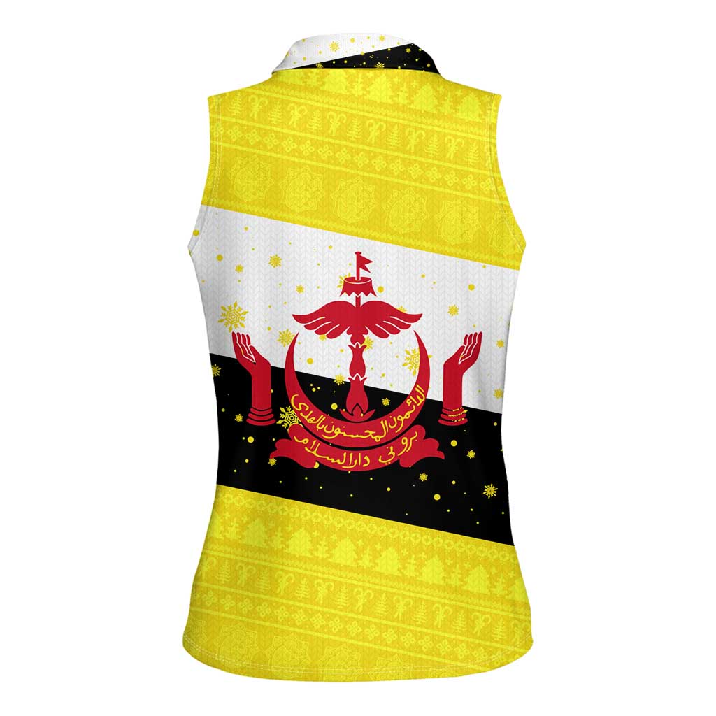 Brunei Christmas Women Sleeveless Polo Shirt with Cartoon Monkey Santa Hat Candy Cane and Yellow Black Flag Pattern - Wonder Print Shop