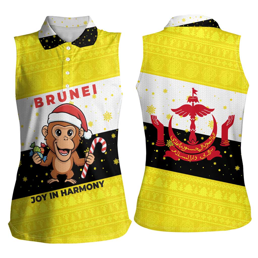 Brunei Christmas Women Sleeveless Polo Shirt with Cartoon Monkey Santa Hat Candy Cane and Yellow Black Flag Pattern - Wonder Print Shop