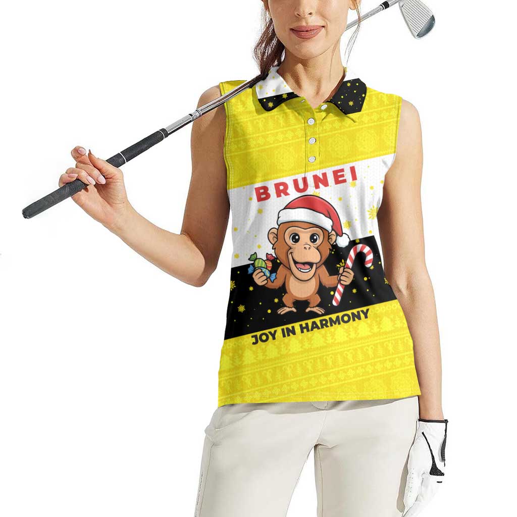 Brunei Christmas Women Sleeveless Polo Shirt with Cartoon Monkey Santa Hat Candy Cane and Yellow Black Flag Pattern - Wonder Print Shop