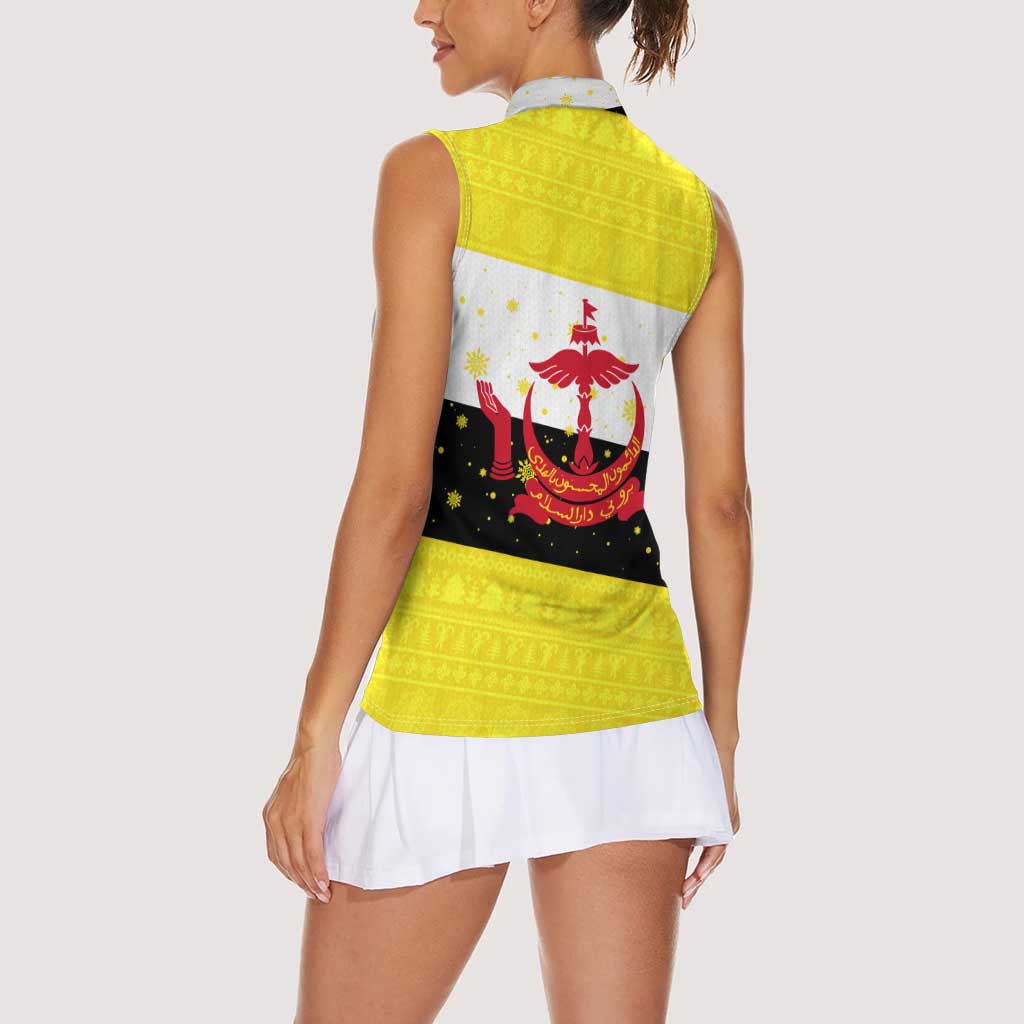 Brunei Christmas Women Sleeveless Polo Shirt with Cartoon Monkey Santa Hat Candy Cane and Yellow Black Flag Pattern - Wonder Print Shop