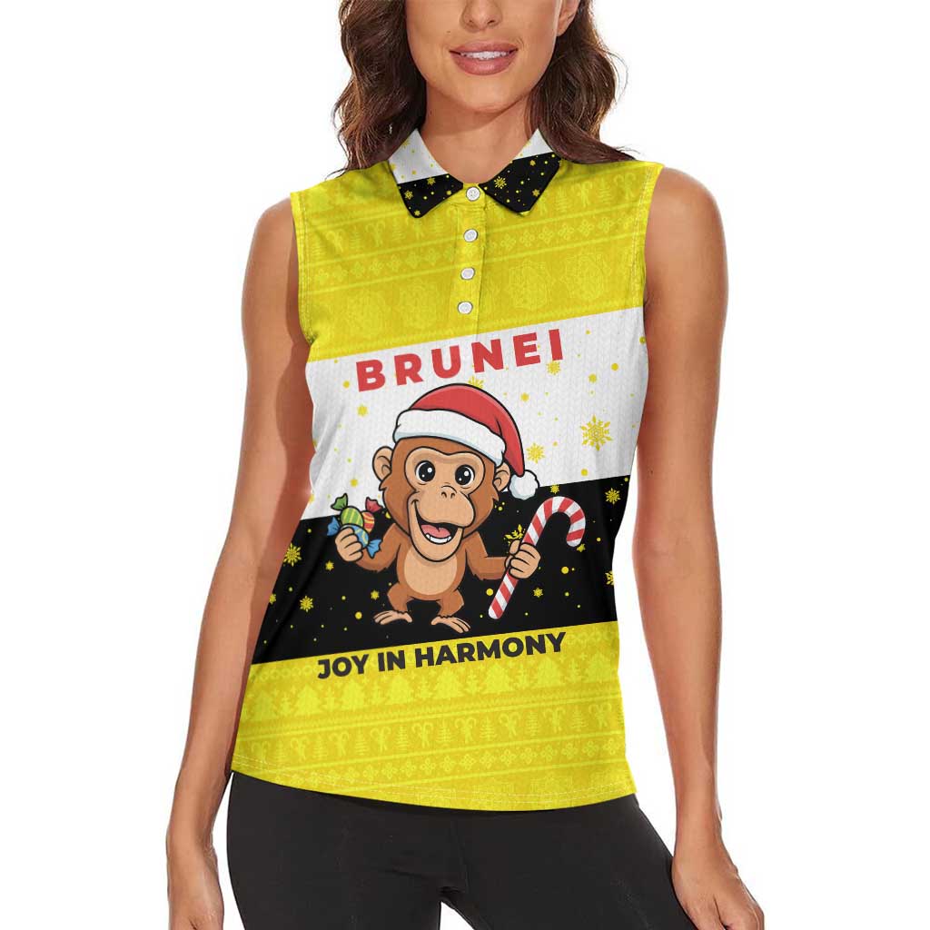Brunei Christmas Women Sleeveless Polo Shirt with Cartoon Monkey Santa Hat Candy Cane and Yellow Black Flag Pattern - Wonder Print Shop
