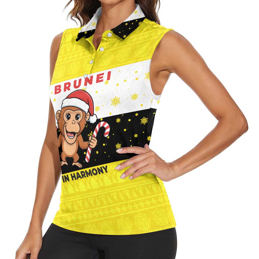 Brunei Christmas Women Sleeveless Polo Shirt with Cartoon Monkey Santa Hat Candy Cane and Yellow Black Flag Pattern - Wonder Print Shop