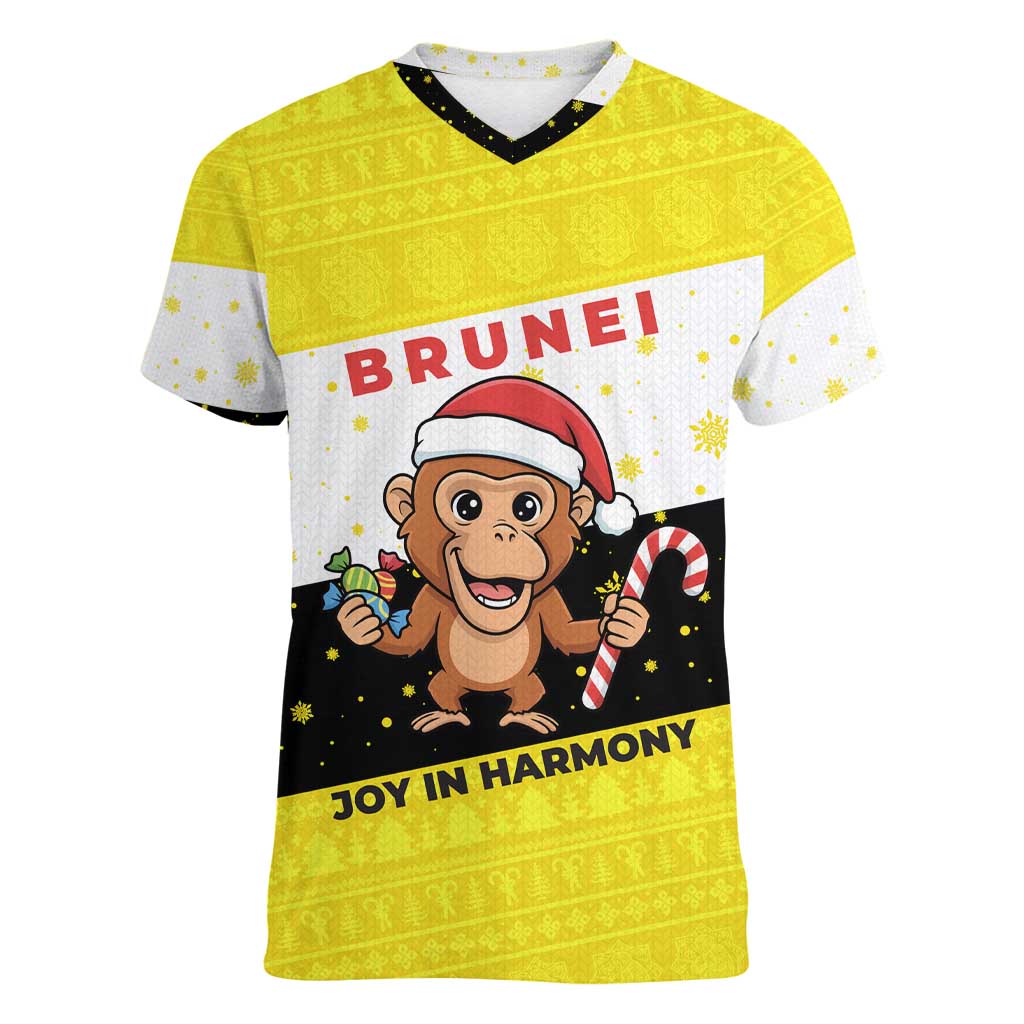 Brunei Christmas Women V-Neck T-Shirt with Cartoon Monkey Santa Hat Candy Cane and Yellow Black Flag Pattern - Wonder Print Shop