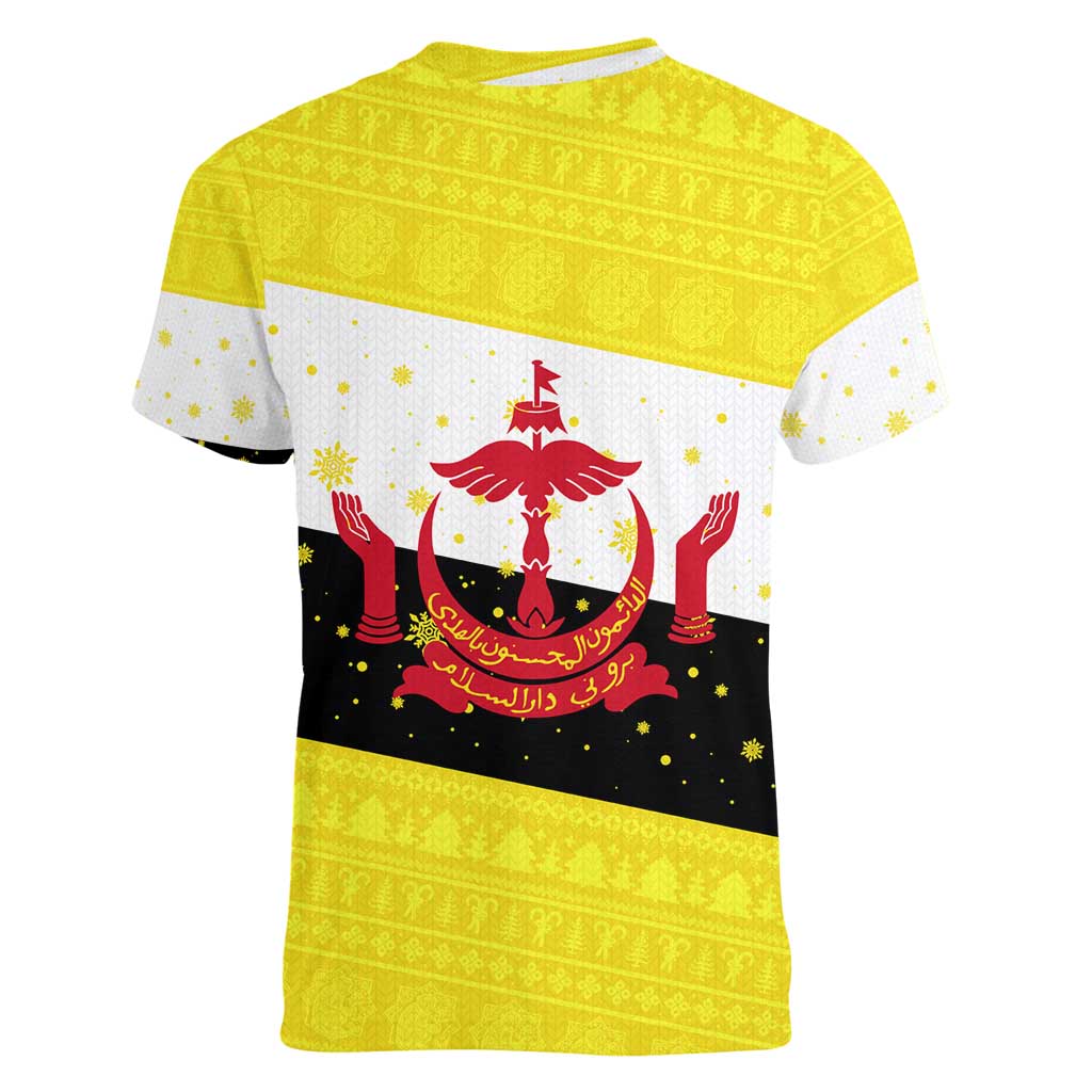 Brunei Christmas Women V-Neck T-Shirt with Cartoon Monkey Santa Hat Candy Cane and Yellow Black Flag Pattern - Wonder Print Shop