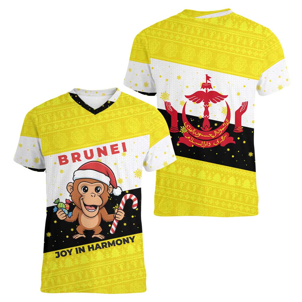 Brunei Christmas Women V-Neck T-Shirt with Cartoon Monkey Santa Hat Candy Cane and Yellow Black Flag Pattern - Wonder Print Shop