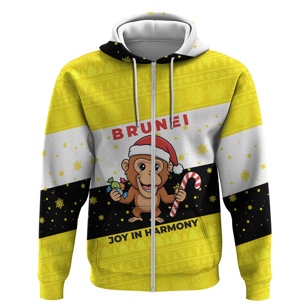 Brunei Christmas Zip Hoodie with Cartoon Monkey Santa Hat Candy Cane and Yellow Black Flag Pattern - Wonder Print Shop