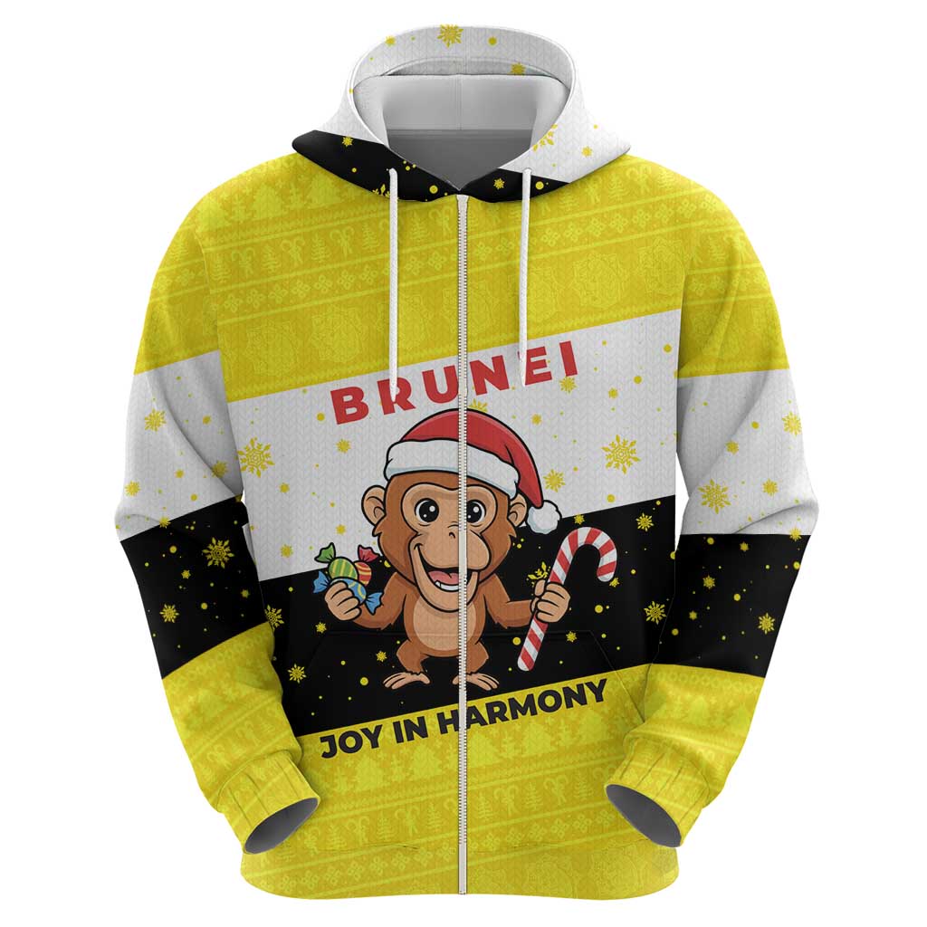 Brunei Christmas Zip Hoodie with Cartoon Monkey Santa Hat Candy Cane and Yellow Black Flag Pattern - Wonder Print Shop