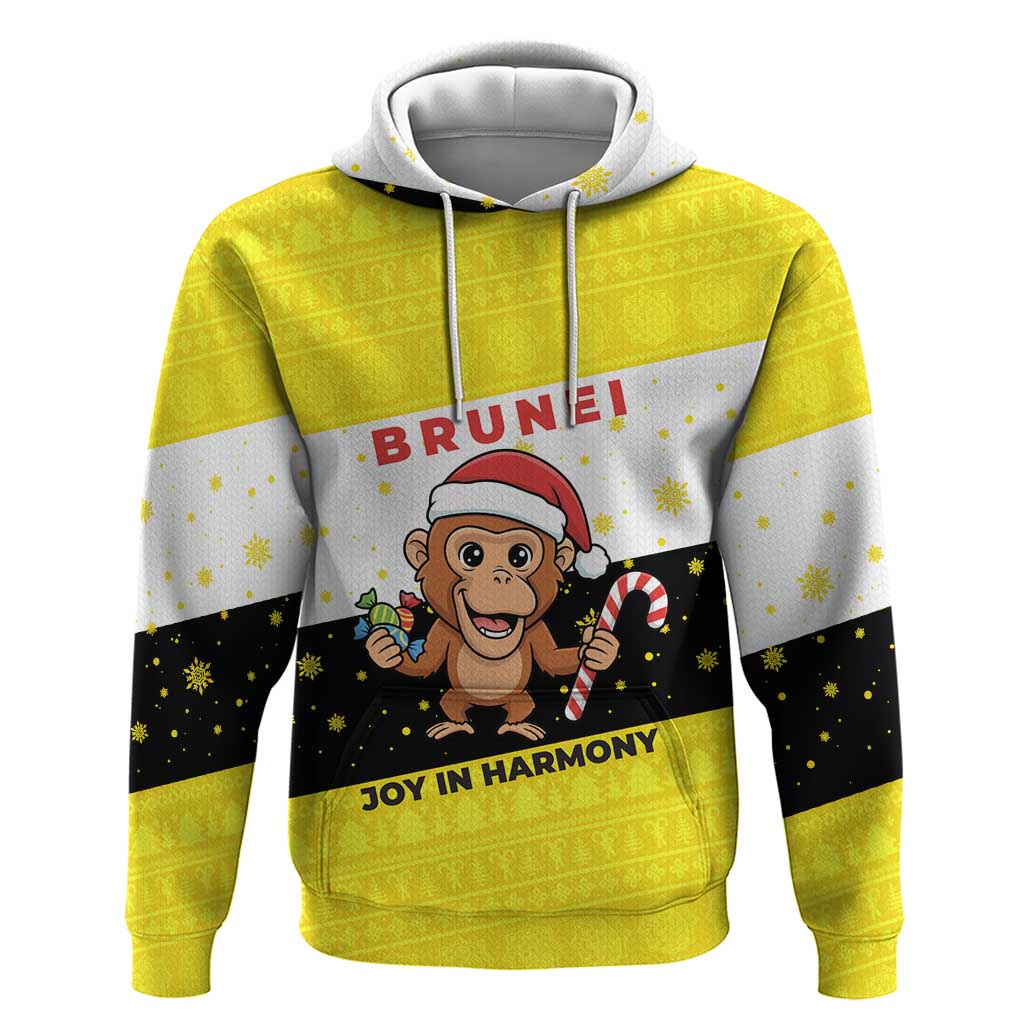 Brunei Christmas Zip Hoodie with Cartoon Monkey Santa Hat Candy Cane and Yellow Black Flag Pattern - Wonder Print Shop