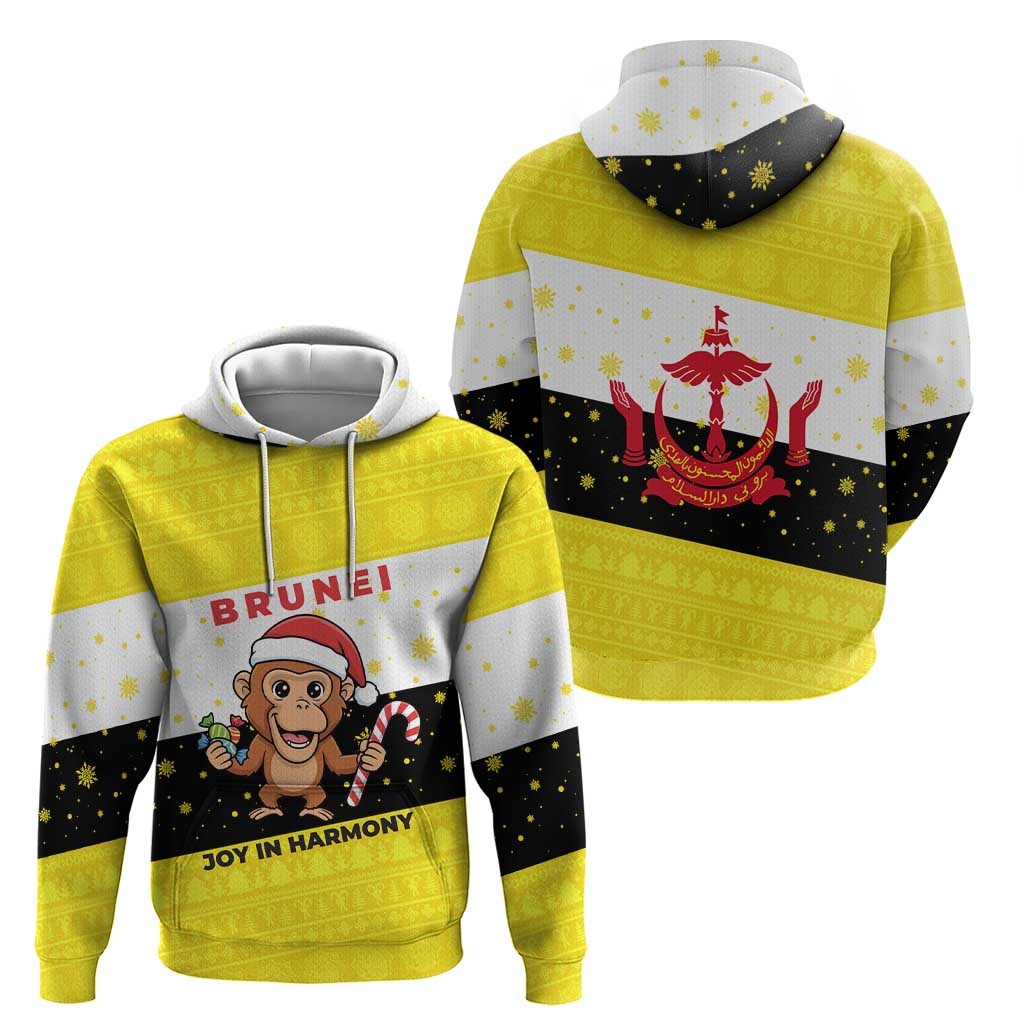 Brunei Christmas Zip Hoodie with Cartoon Monkey Santa Hat Candy Cane and Yellow Black Flag Pattern - Wonder Print Shop