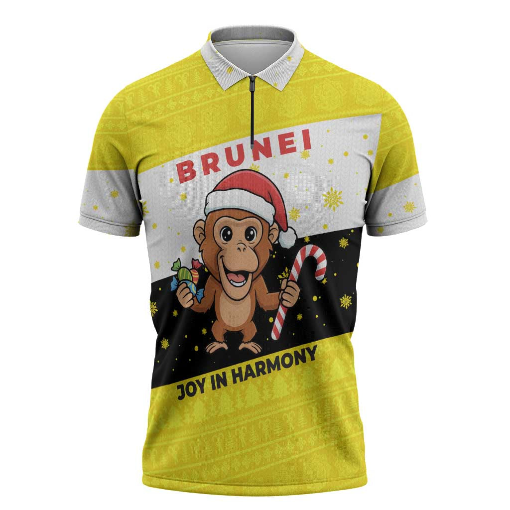 Brunei Christmas Zipper Polo Shirt with Cartoon Monkey Santa Hat Candy Cane and Yellow Black Flag Pattern - Wonder Print Shop