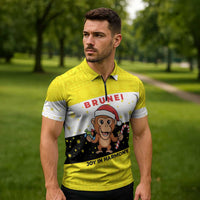 Brunei Christmas Zipper Polo Shirt with Cartoon Monkey Santa Hat Candy Cane and Yellow Black Flag Pattern - Wonder Print Shop